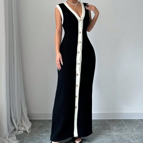 Black Casual Women's Color Block Button Front Sleeveless Dress - Picture 6 of 6